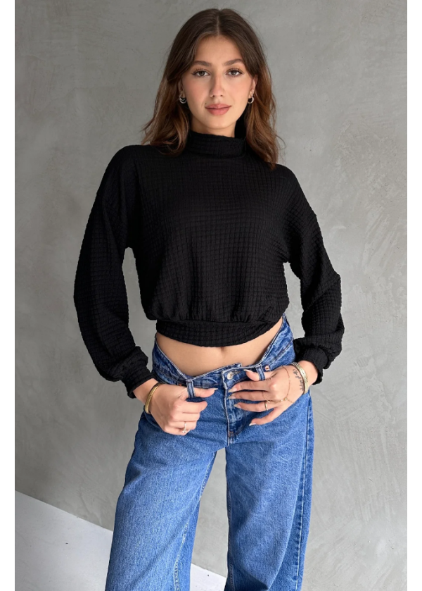 BALIKÇI YAKA DOKULU CROP BLUZ - SİYAH