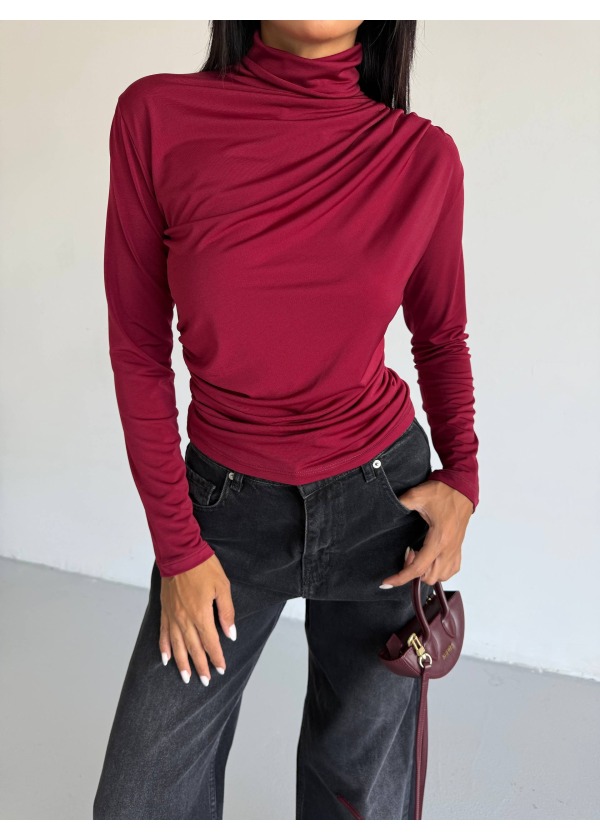 BOĞAZLI DRAPELİ SANDY BLUZ - BORDO