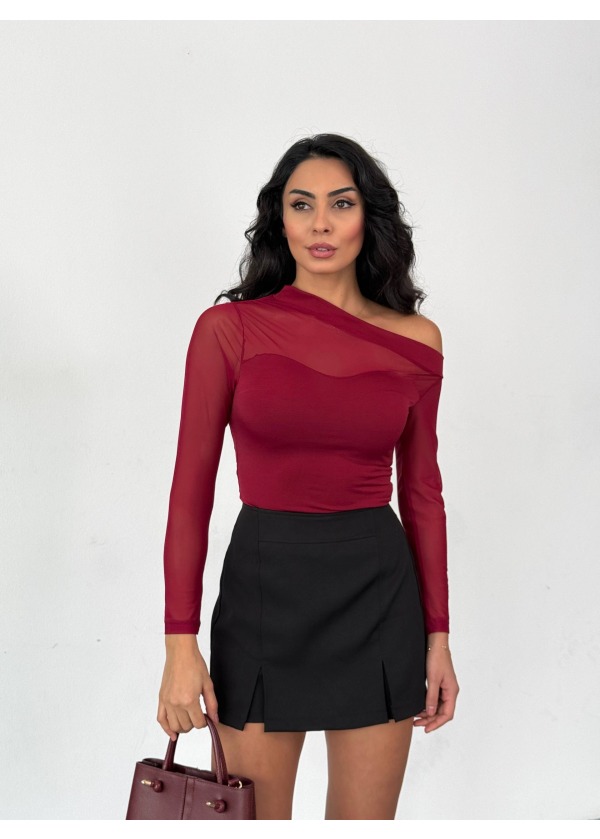 TÜL DETAYLI ASİMETRİK OMUZ BLUZ - BORDO