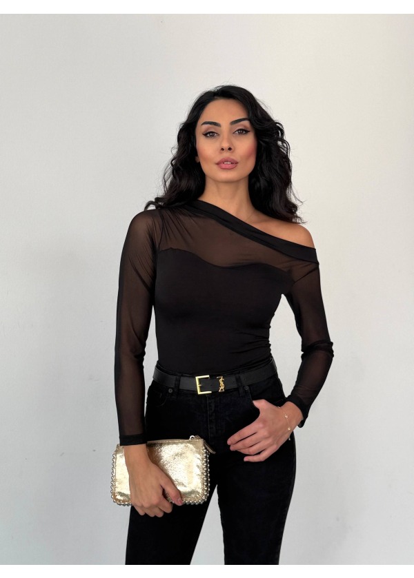 TÜL DETAYLI ASİMETRİK OMUZ BLUZ - SİYAH